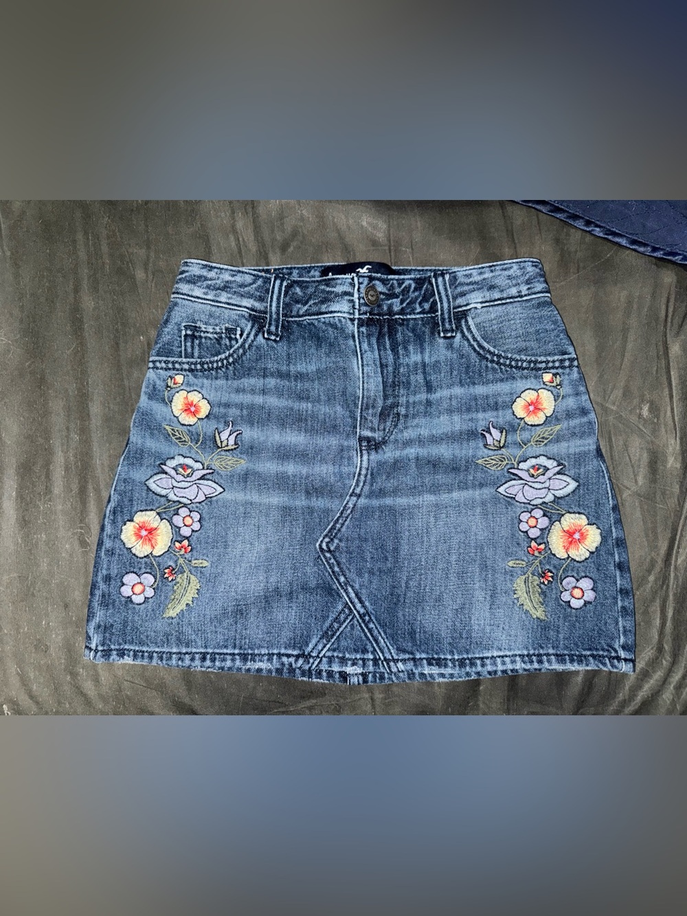 Hollister Women’s Blue Denim Mini Skirt with Floral Embroidery